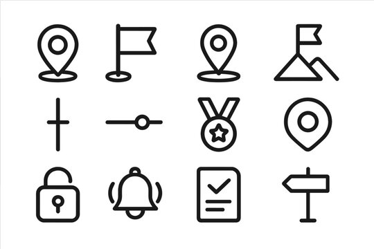 Milestone Icons Design. Line style round icons of milestone markers: start point, checkpoint, mid-goal, success end; timeline