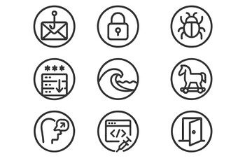 Cyber Attack Icons. Line style round icons of cyber attack types: phishing email, ransomware lock, spyware bug, brute force; DDOS