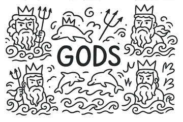 Ocean Gods Illustration. Doodle ocean gods with crowns, waves, and dolphins, center word &ldquo;Gods&rdquo; in black and white isolated