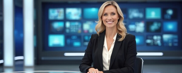 Blonde woman smiles in TV studio. Female news anchor in suit sits at desk. Pro announcer in broadcasting business. Media personality in front of screen.