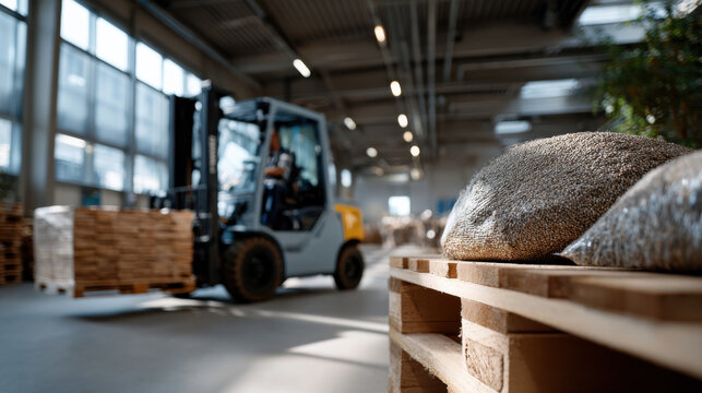A forklift operator skillfully moves pallets of goods within a spacious warehouse, showcasing the efficiency and organization of industrial logistics and storage solutions.