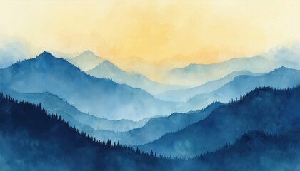 Blue misty mountain ranges with layered peaks, dense pine forest cover. Golden yellow sky brightens horizon at dawn. Artistic watercolor painting shows serene tranquil nature landscape, evoking
