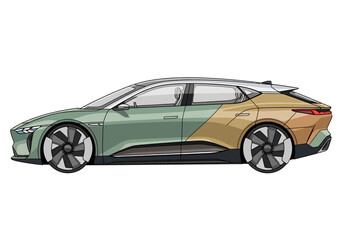 Obraz premium A cars side view painted in green and brown tones stands still with its futuristic wheel design and sleek silhouette