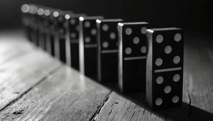 Black dominoes stand in a line on a wooden table. Dominoes have white dots and are in a row. The last domino in the line is standing upright and is in focus.