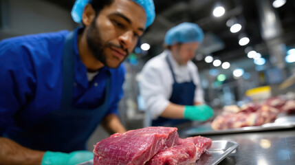 Chefs diligently prepare premium meat cuts in a state-of-the-art kitchen, emphasizing the artistry and attention to detail involved in culinary preparation and presentation.
