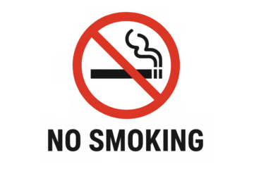 No smoking sign with a cigarette and smoke crossed out, including no smoking text. Transparent background