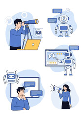People and robots interacting with technology for business and communication.