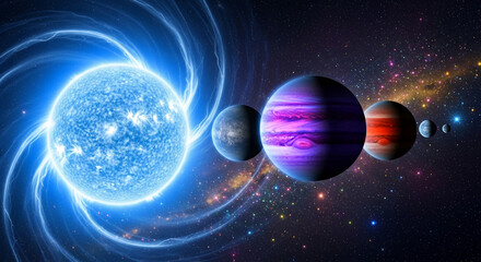 Image of bright blue star and several colorful planets against starry background, depicting universe exploration, cosmic wonder, and astronomical research