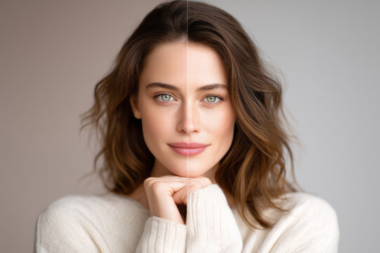 Split Face Portrait of a Woman With Flawless Skin and Golden Glitter Accents - Powered by Adobe