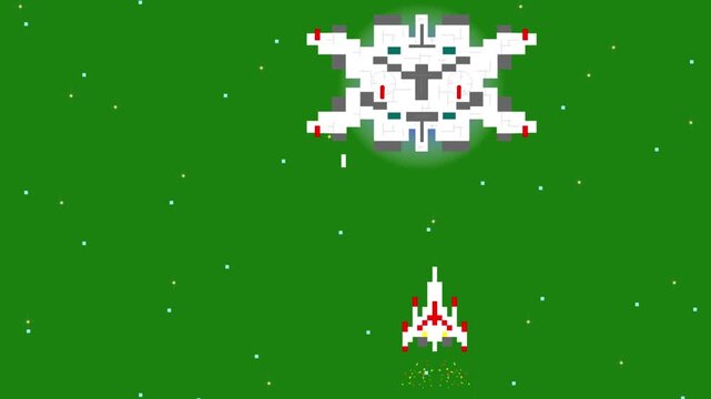 8-bit pixel art animation of a spaceship facing an enemy boss ship on a green background, art, game, old.