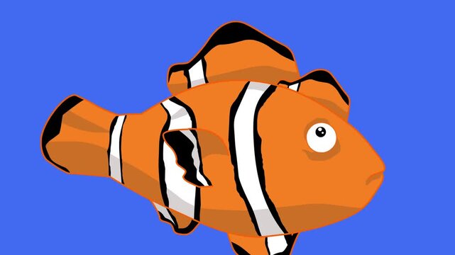 2D animation of a clownfish swimming with a blue background, art, animals, sea.
