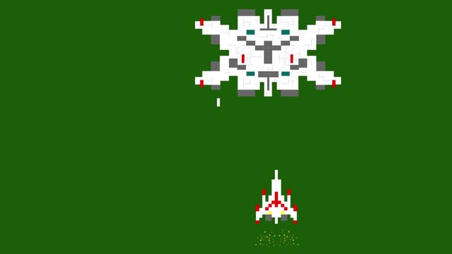 8-bit pixel art animation of a spaceship facing an enemy boss ship on a green background, art, game, vintage.