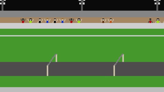 Animation of a long jump track in pixel art style, competition, game, vintage.