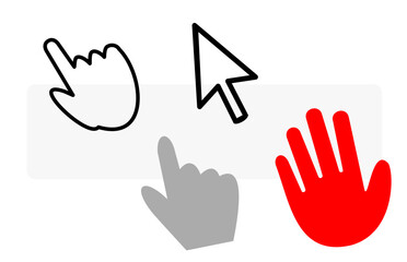 Set of four different mouse cursors including hand pointer and arrow symbol for user interface design and web development CTA concepts