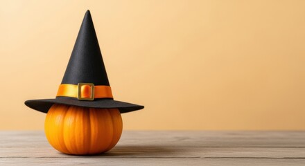 Adorable mini pumpkin wearing a cute witch hat perfect for Halloween promotions and festive greeting cards, evoking autumn charm and spooky fun