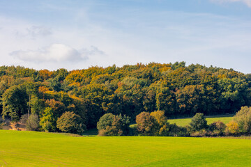 Obraz premium Autumn landscape, Terrain hilly countryside in Zuid-Limburg with green grass field, farmland and forest under blue sky, Epen is a village in southern part of the Dutch province of Limburg, Netherlands