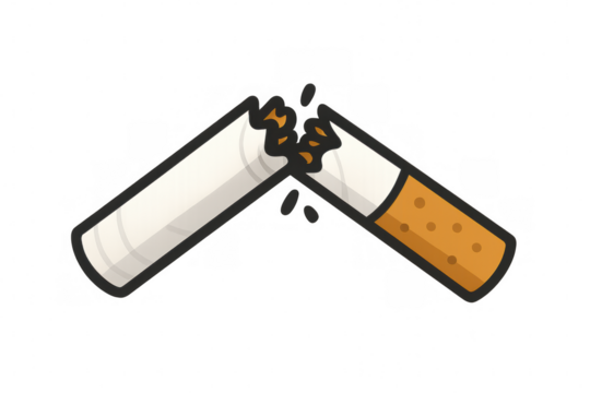 Broken cigarette illustrating concept of quitting smoking, breaking addiction and unhealthy habits, transparent background