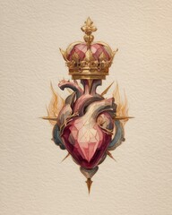 Stylized Holy Heart with Crown, Flames and Thorns.
