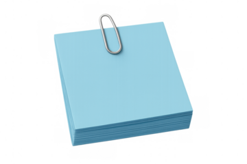 Stack of light blue sticky notes with a paperclip for office, school, business, or personal reminders and messages. Transparent background
