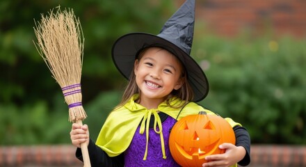 Adorable young witch smiles with jack-o'-lantern and broom, embodying autumn joy and Halloween magic for heartwarming seasonal campaigns