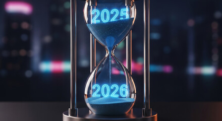 Hourglass with blue granular material and numeric year inscriptions, against a blurred city nightscape, representing time passing, future anticipation