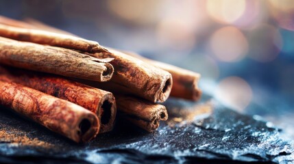 A Close-up of Freshly Harvested Cinnamon Sticks on a Textured Surface Highlighting their Rich Color and Unique Texture in a Soft Focus Background