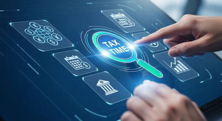 Hand interacts with digital tax interface showcasing tax time, calendar, currency symbols, and graphs, representing modern tax management and financial technology