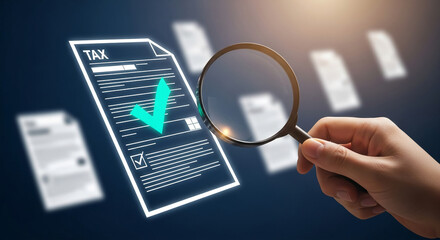 Tax form with a checkmark, viewed through a magnifying glass, symbolizes accuracy and verification in tax preparation, ideal for financial or accounting websites