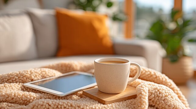 Cozy living room with coffee and tablet