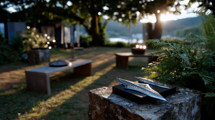 An artistic arrangement of metal objects is gracefully illuminated by sunlight, showcasing creativity and craftsmanship in an outdoor setting that evokes inspiration and admiration.