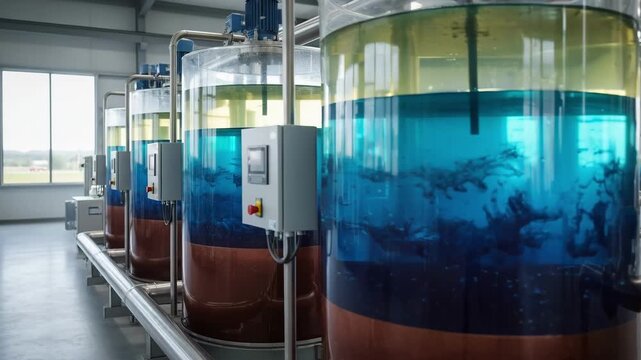 Medium shot capturing solvent extraction tanks with clear layers separating metals for sustainable recovery from ore