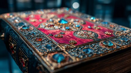 Intricately Designed Ancient Manuscript with Jewels and Rich Textures Showcasing Artistic Craftsmanship and Historical Significance