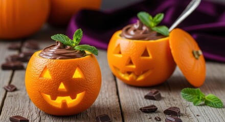 Festive Halloween orange jack-o'-lanterns filled with delicious chocolate mousse and fresh mint, perfect for spooky season treats and healthy holiday fun