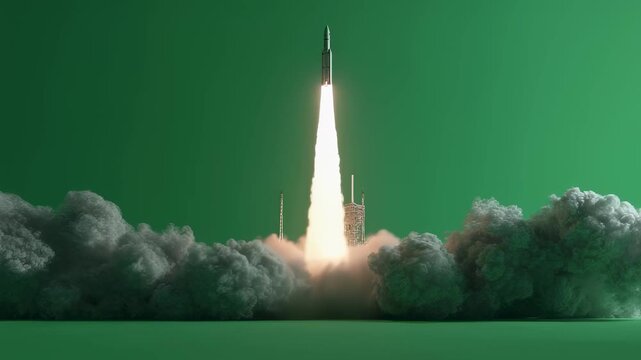 Animated surfacetosurface rocket ascending from launch rail on green screen designed for action sequences and defense technology storytelling.