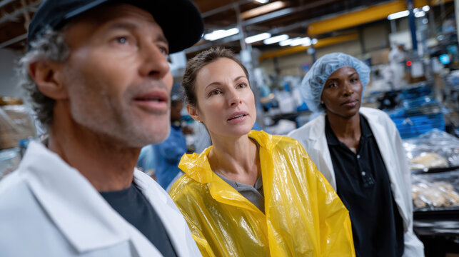Three focused professionals dressed in work attire are engaged in serious discussion in an industrial setting, highlighting teamwork, communication, and expertise in action.