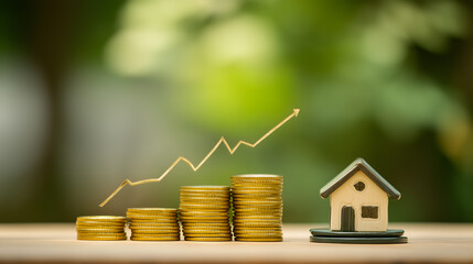 Ascending stacks of gold coins with upward arrow and house model. Symbolic scene evokes financial growth, savings, and real estate investment optimism.