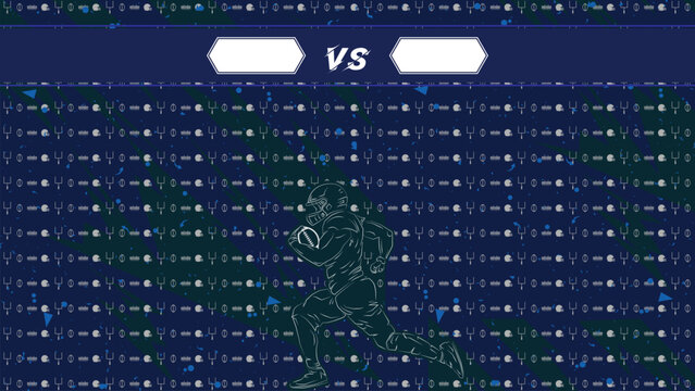 Outline American Football Player VS Tournament Template for Sport Event Background. Dark Navy Wallpaper with White Goalpost Pattern and Dynamic Runner Silhouette