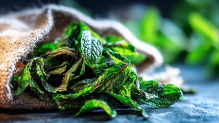 Dried Mint Leaves in a Rustic Bag Capturing the Herbal Essence and Rich Color of Nature's Flavorful Ingredient for Culinary Delights and Health Benefits