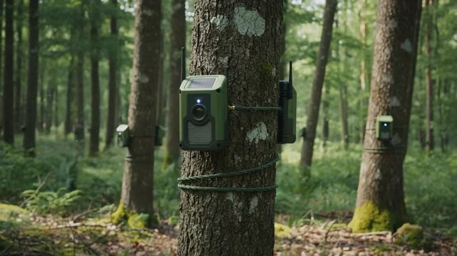 Medium shot of remote wireless sensors mounted on tree trunks capturing realtime environmental data in a dense forest setting for efficient forestry monitoring.