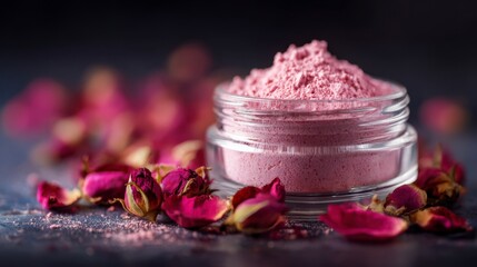 Elegant Rose Petal Powder in a Glass Jar Surrounded by Dried Pink Rosebuds on a Dark Surface, Perfect for Skincare and Beauty Applications