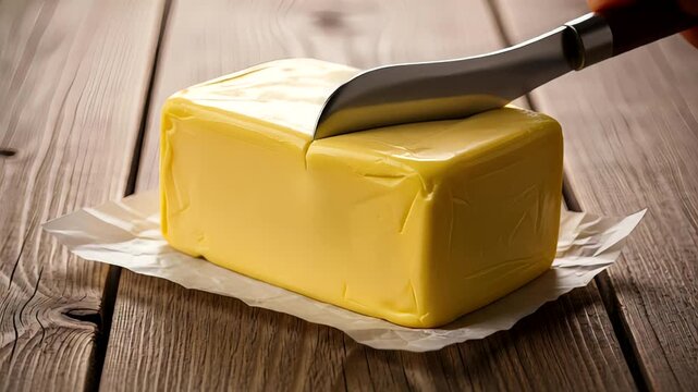 Fresh butter block on wooden table being sliced with a knife