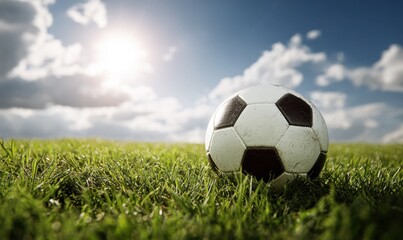 Naklejka premium Soccer ball resting on green grass under a bright sunny sky with clouds.