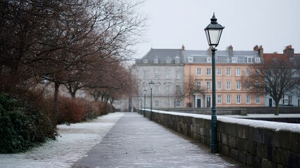 Snowy city street with a brick wall and a lamp post