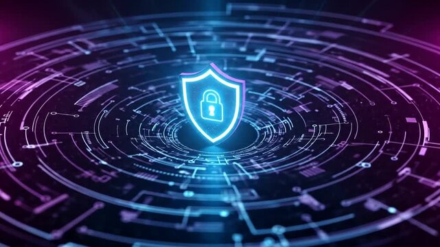 Digital security shield with lock symbol amidst glowing circuit patterns