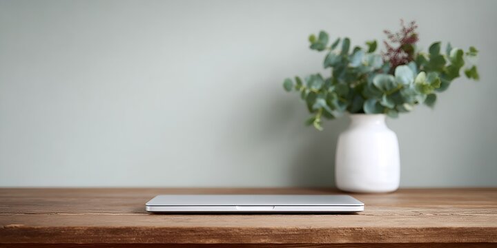 Laptop is sitting on a wooden table next to a vase of flowers - Powered by Adobe