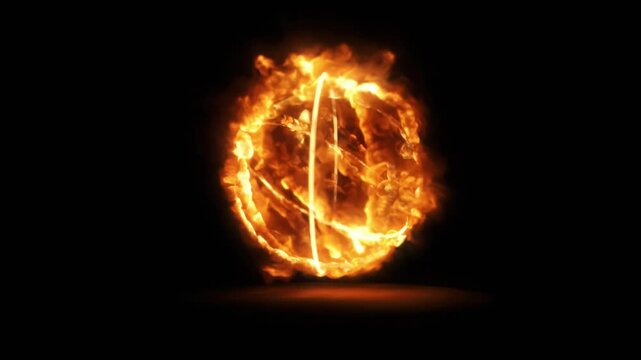 Realistic burning fire sphere with intense flames and heat energy visualization. Abstract combustion animation with thermal energy physics for science education and visual effects production VFX.