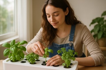 Young woman caring for fresh herbs in a smart indoor garden under grow light, creating a calm eco-friendly home vibe.