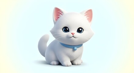 Adorable 3D Rendered White Kitten Character with Big Blue Eyes and Collar
