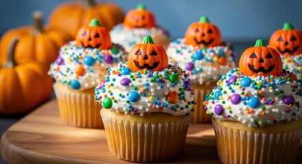 Festive Halloween cupcakes topped with pumpkin candies and colorful sprinkles celebrate autumn, perfect for holiday parties and spooky season treats