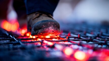 Obraz premium A Worker Steps Carefully on a Grid of Glowing Red Lights, Symbolizing Safety Precautions in Hazardous Environments and Industrial Settings